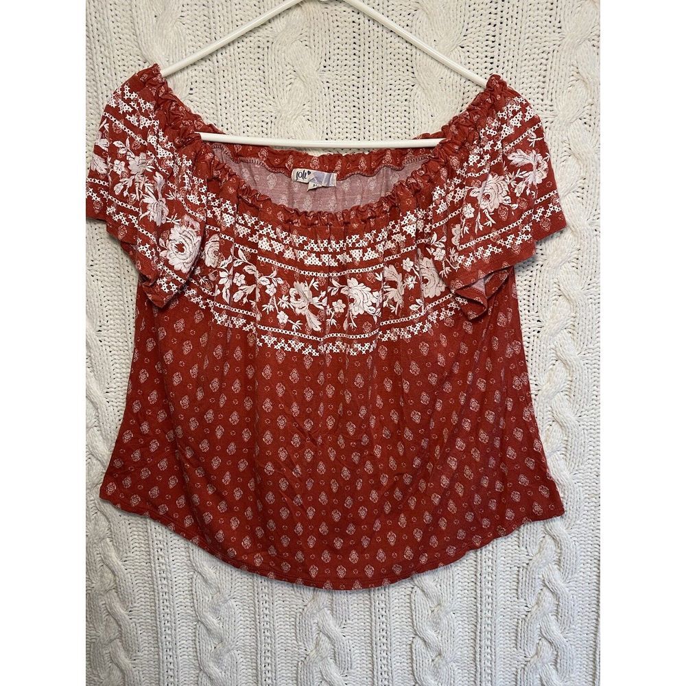 JOLT M‎ Burnt Orange Floral Print Off Shoulder Crop Top Boho Flowy